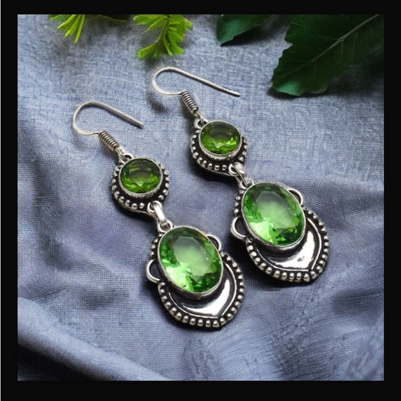 Peridot Handcrafted Drop Dangle Hook Style Earrings 2.4" Long Made In India New - Picture 15 of 16